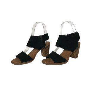 Tom's Black Faux Suede Vegan Majorca Cut Out Open Toe Sandal Block Heel 5.5